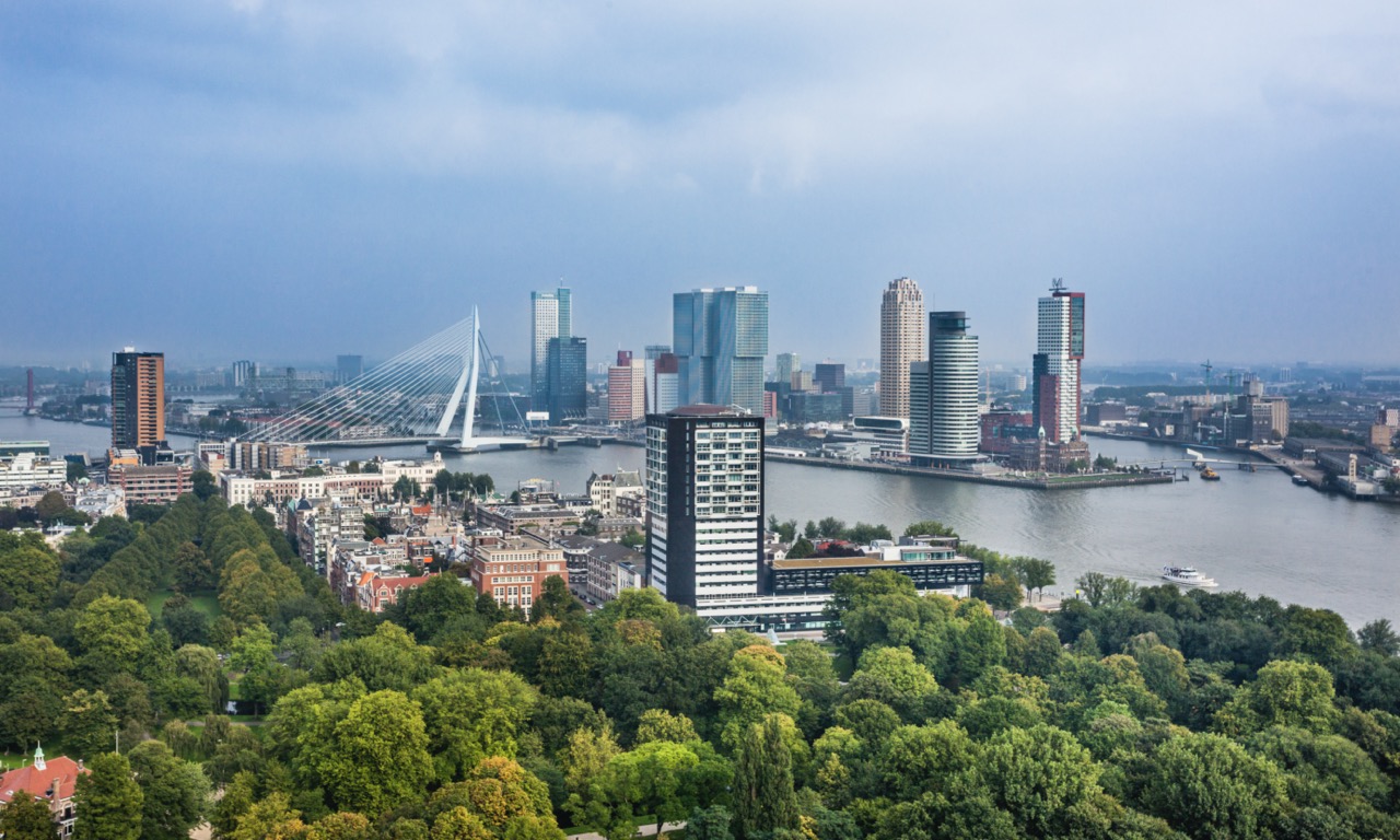 Netherlands, South Holland, Rotterdam, aerial view from the Euromast observation tower with Nieuwe Maas and Erasmus Bridge